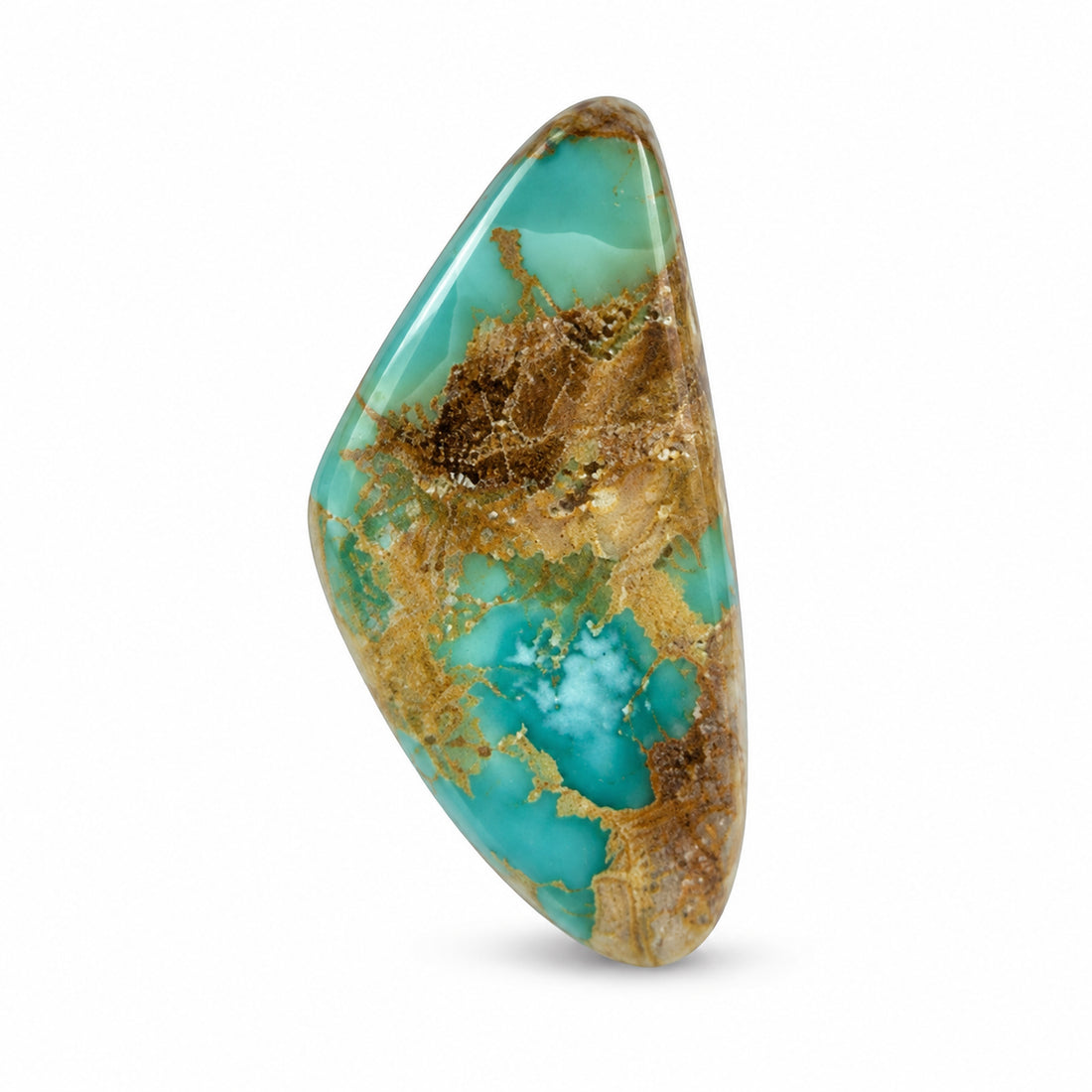 F5 Royston Turquoise Montezuma Mine Cabochon on a white studio background