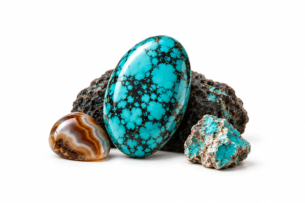 A selection of turquoise, cabochons and rough stone